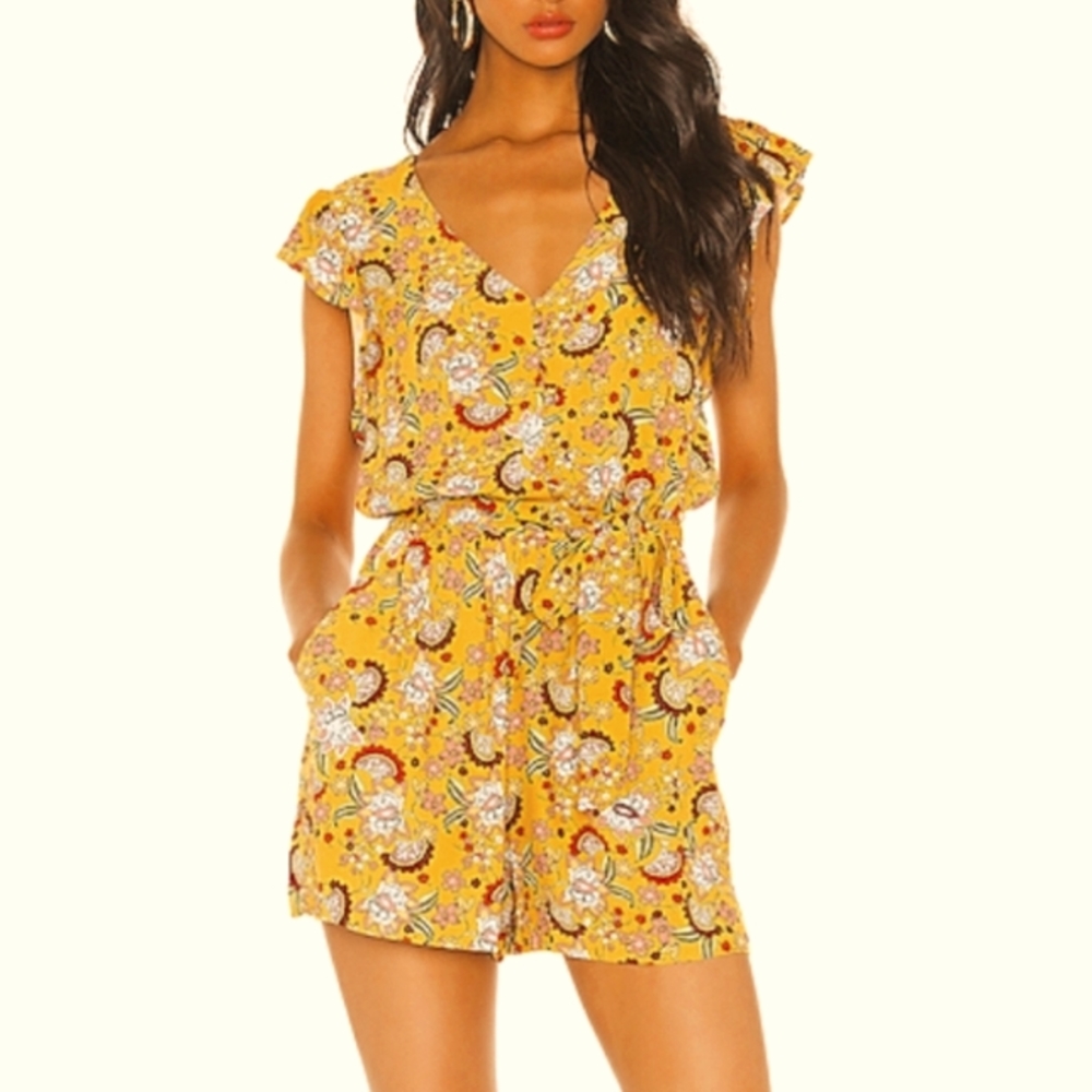 Sanctuary The Artist Romper Sz M Sunrays Yellow Botanical Floral Button Up Boho